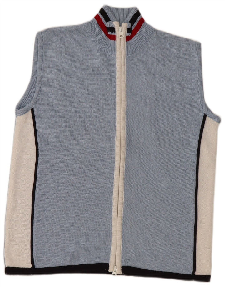 Maglione cardigan senza maniche da donna VINTAGE UK 16 Large Blue Colourblock