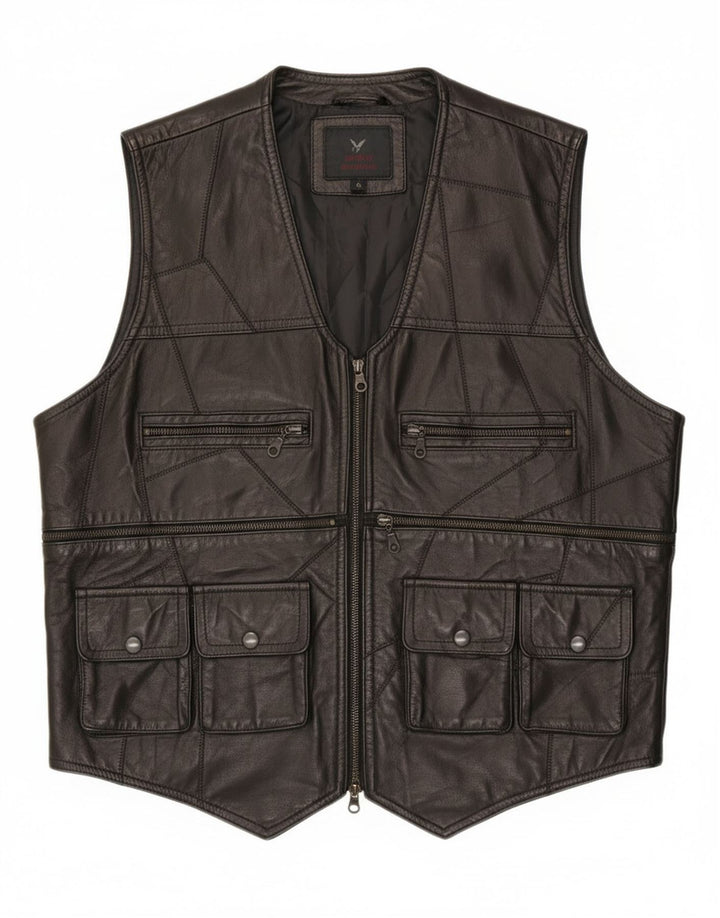 Gilet pratico in pelle da uomo vintage UK 38 patchwork medio nero
