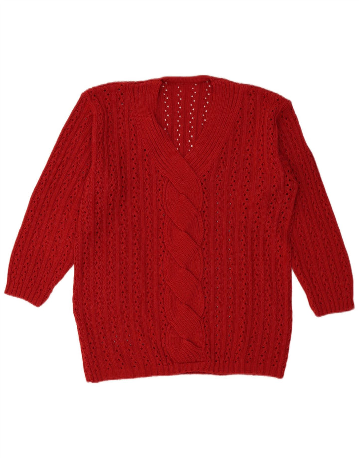 Maglione maglione vintage da donna con scollo a V UK 16 grande rosso