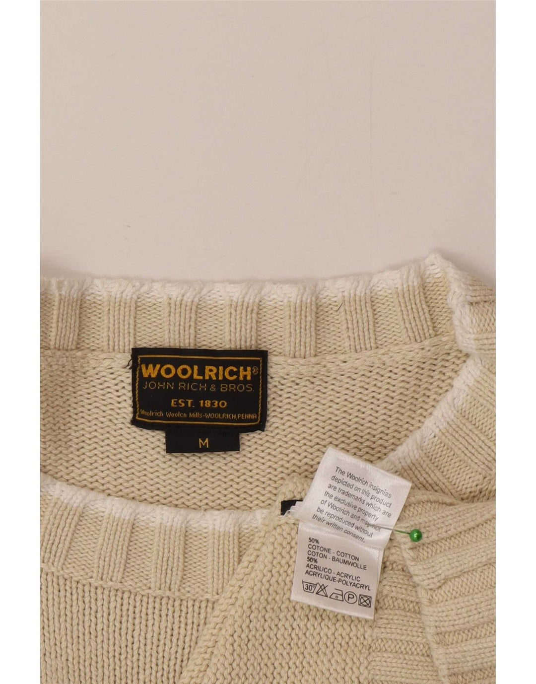 Woolrich Maglione da uomo con scollo a barca grafico a righe medie di colore bianco sporco