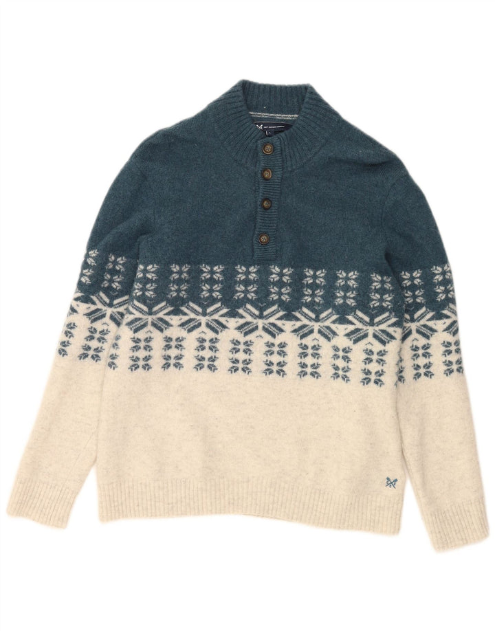 CREW CLOTHING Maglione da uomo con bottoni e collo grande Fair Isle blu