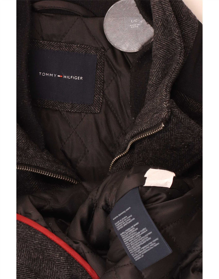 Cappotto giacca a vento da uomo Tommy Hilfiger UK 40 grande lana a spina di pesce grigia