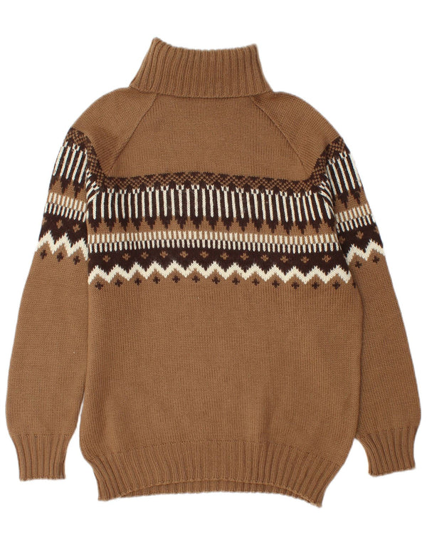 Maglione vintage da uomo con collo alto e lana Fair Isle marrone medio