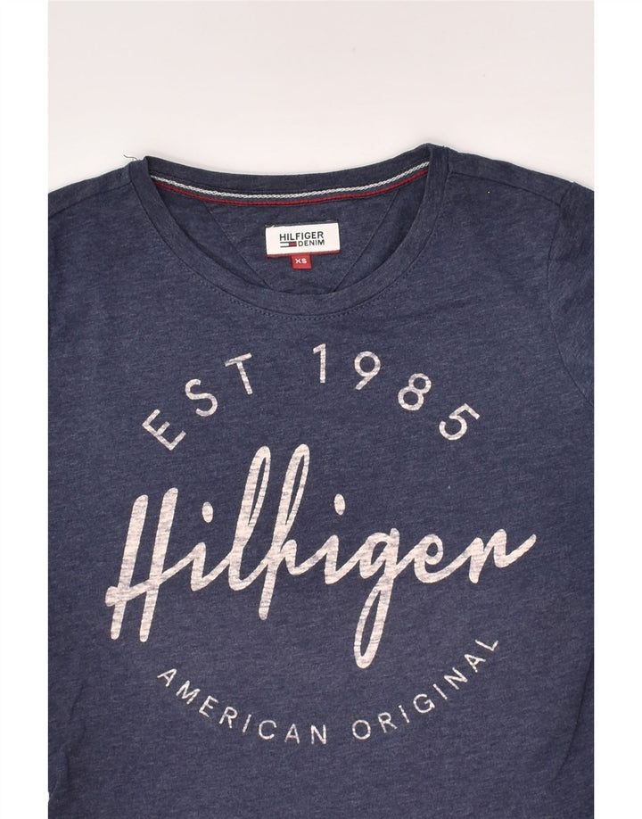 TOMMY HILFIGER Womens Graphic Top Long Sleeve UK 6 XS Navy Blue Cotton | Vintage Tommy Hilfiger | Thrift | Second-Hand Tommy Hilfiger | Used Clothing | Messina Hembry 