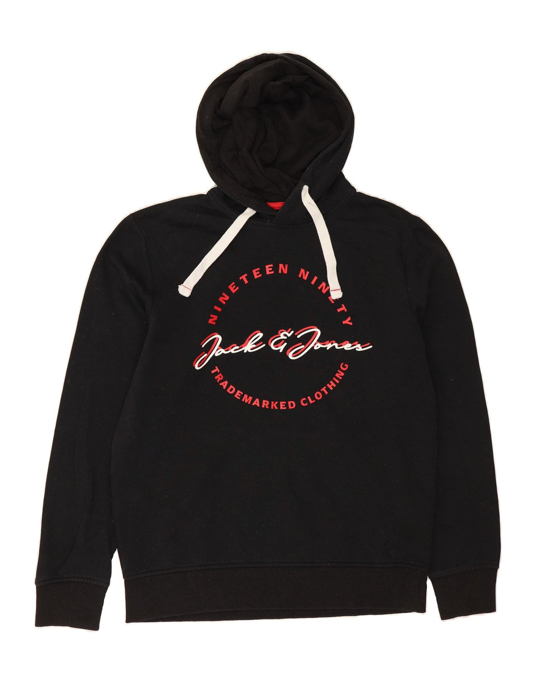 JACK & JONES Mens Graphic Hoodie Jumper Medium Black Cotton Vintage Jack & Jones and Second-Hand Jack & Jones from Messina Hembry 