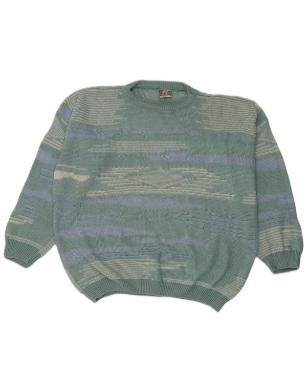 Maglione vintage da uomo con scollo a barca IT 52/54 Grande verde geometrico