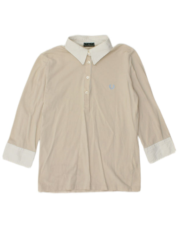 FRED PERRY Camicia pullover da donna con maniche a 3/4 UK 14 Large Beige Colourblock