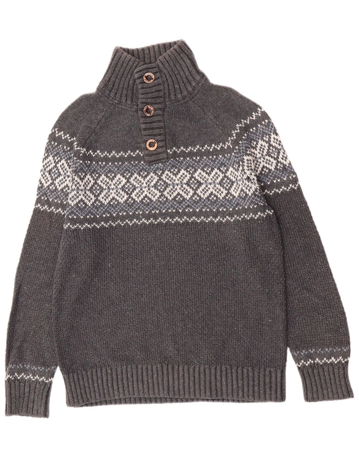 Maglione da uomo con collo abbottonato Fat Face, grigio medio, classico Fair Isle