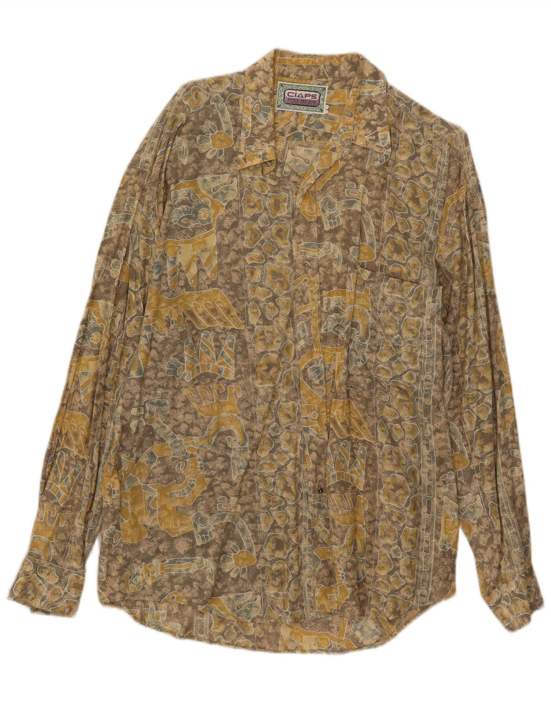 Camicia vintage da uomo con motivo astratto grande in viscosa gialla