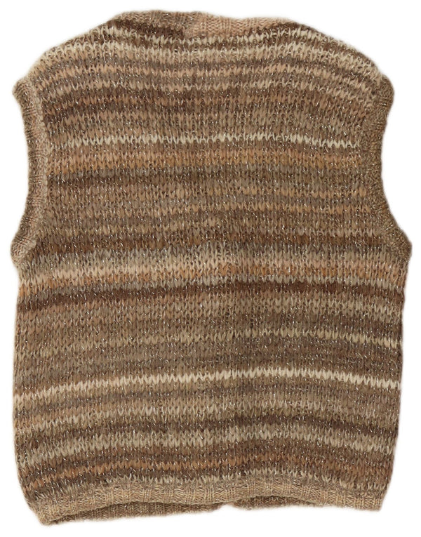 Maglione cardigan senza maniche vintage da donna UK 10 piccolo a righe marroni