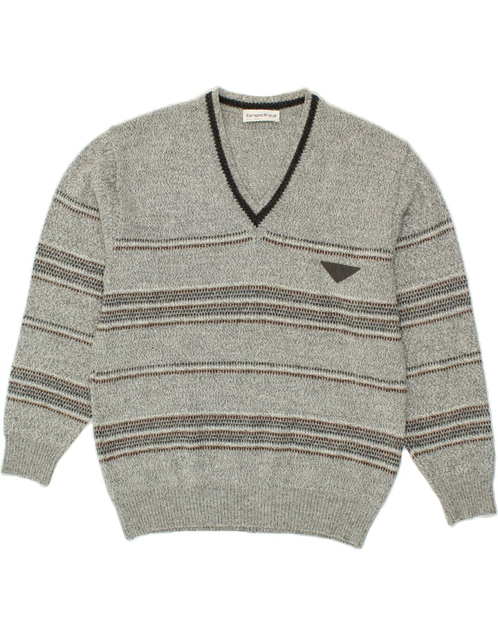 VINTAGE Mens V-Neck Jumper Sweater IT 52 Large Grey Striped Vintage Vintage and Second-Hand Vintage from Messina Hembry 