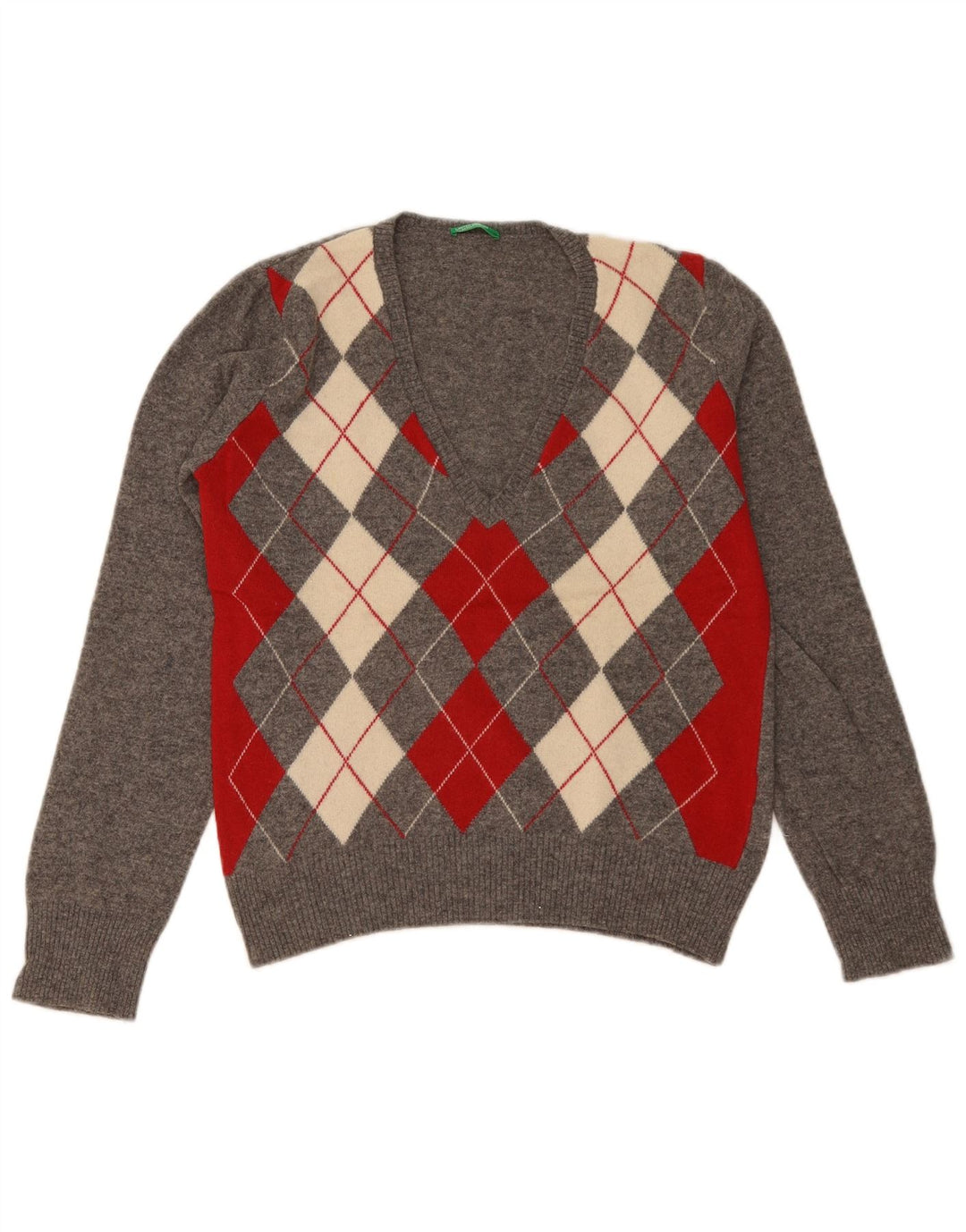 Maglione da donna con scollo a V Benetton UK 14 Large Grey Argyle/Diamond Wool