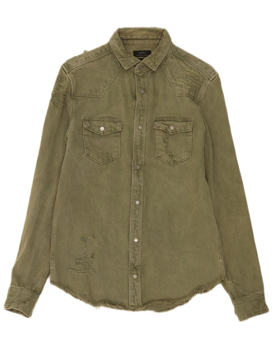 Camicia ZARA da uomo in denim dalla vestibilità comoda e invecchiata, piccola, in cotone kaki