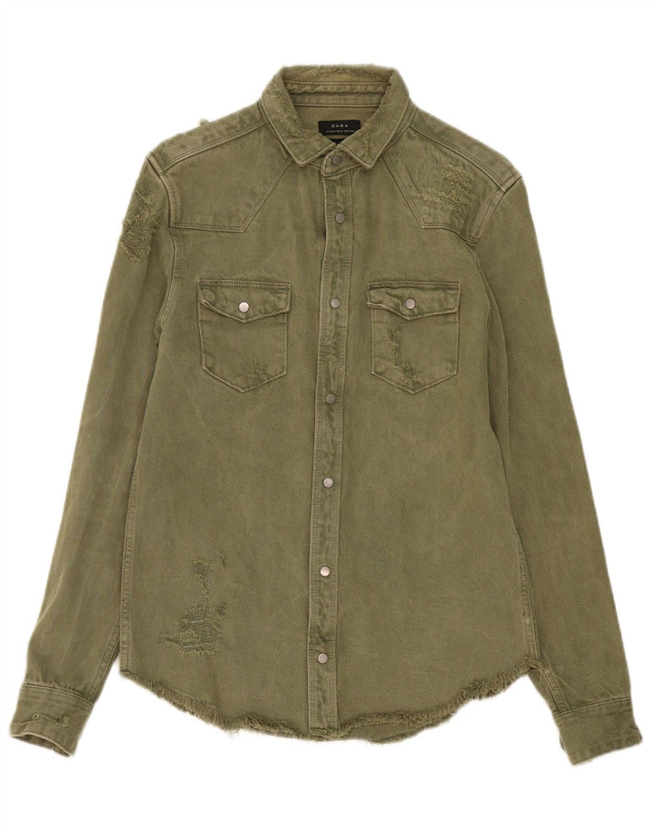 Camicia ZARA da uomo in denim dalla vestibilità comoda e invecchiata, piccola, in cotone kaki