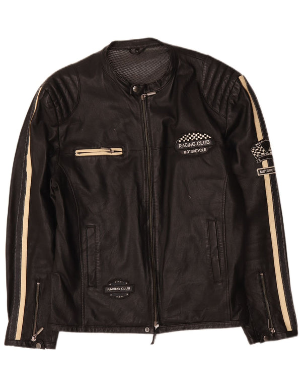 Giacca da pilota in pelle grafica da motociclista vintage da uomo UK 40 grande nera
