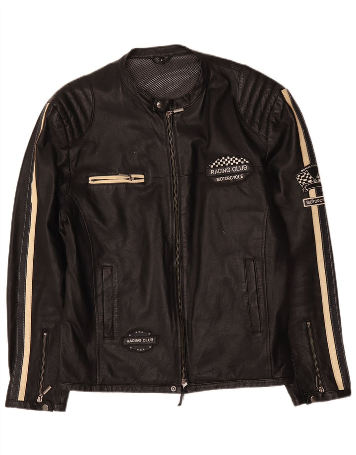Giacca da pilota in pelle grafica da motociclista vintage da uomo UK 40 grande nera