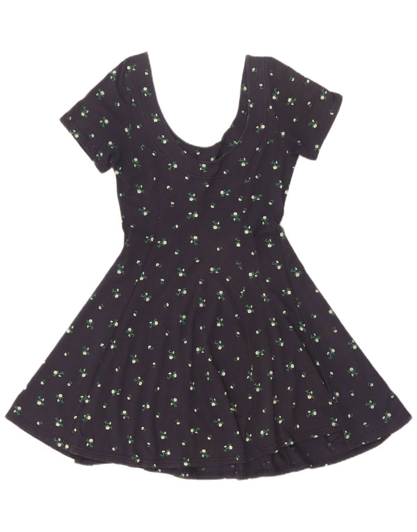 Abito a trapezio da donna vintage UK 4 XS cotone floreale blu navy