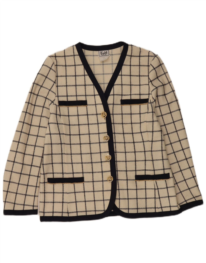 Giacca blazer a 4 bottoni lavorata a maglia da donna Liola UK 14 GRANDE Lana a quadri beige