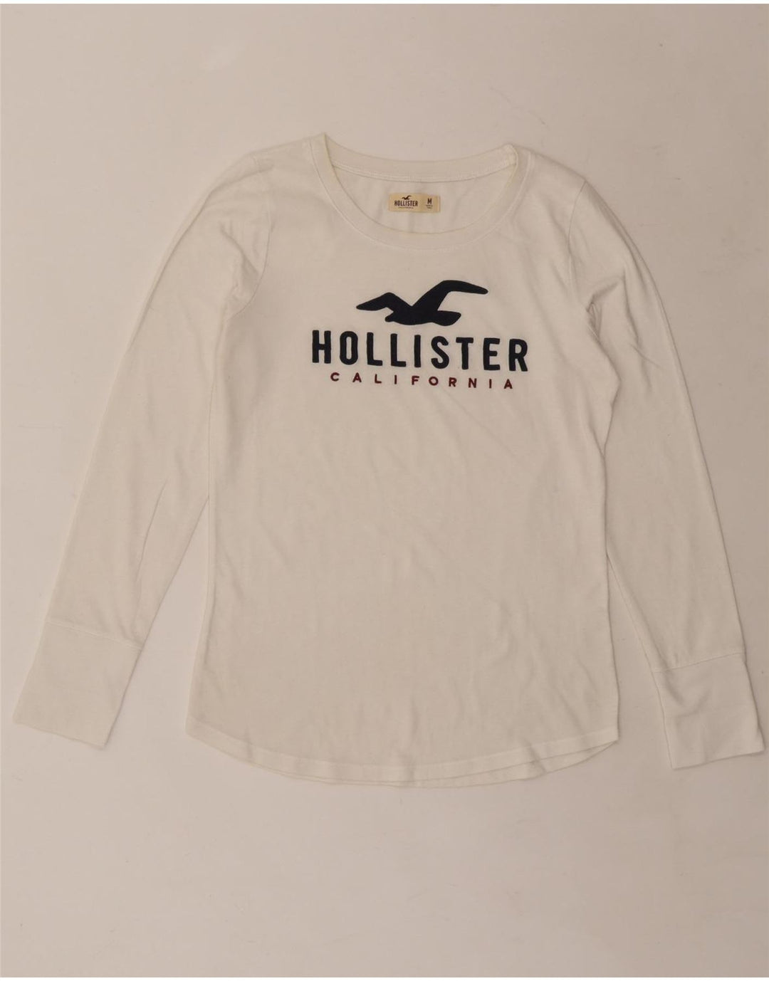 Top grafico da donna HOLLISTER manica lunga UK 14 medio bianco