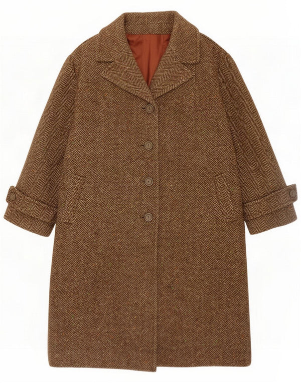 Vintage Womens 4 Button Overcoat UK 16 Large Brown Herringbone Wool