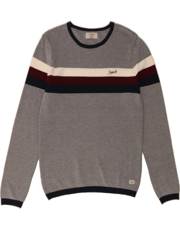 JACK & JONES Mens Boat Neck Jumper Sweater Medium Grey Striped Cotton Vintage Jack & Jones and Second-Hand Jack & Jones from Messina Hembry 