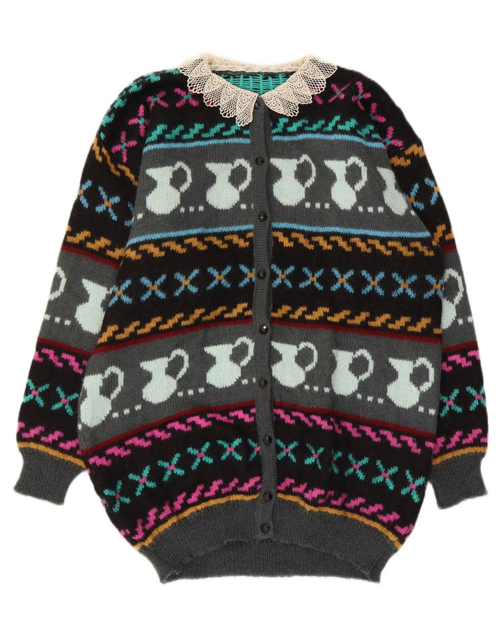 Maglione cardigan con motivo astratto da donna vintage UK 10 piccolo multicolore