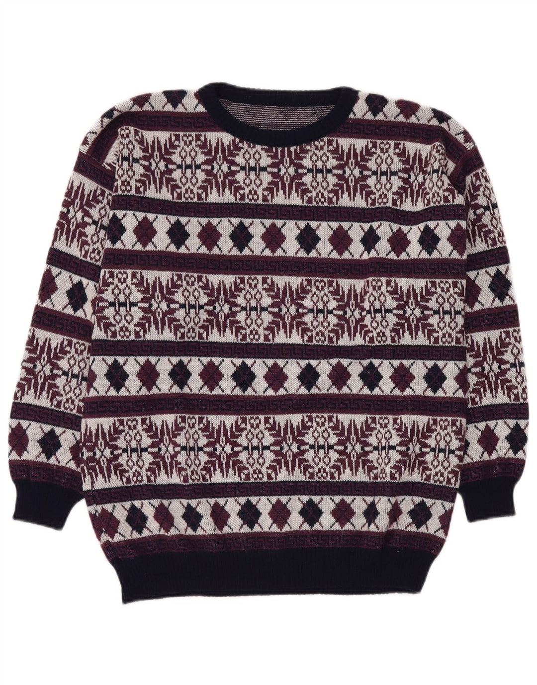 Maglione maglione girocollo da uomo VINTAGE UK 40 Medio Borgogna Fair Isle