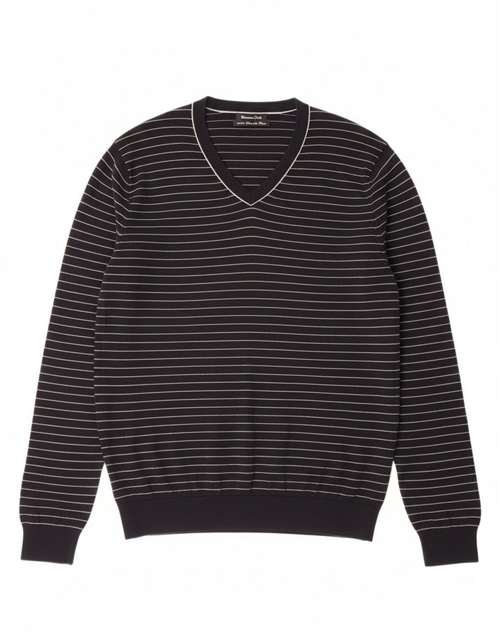 MASSIMO DUTTI Mens V-Neck Jumper Sweater Medium Navy Blue Striped Cotton