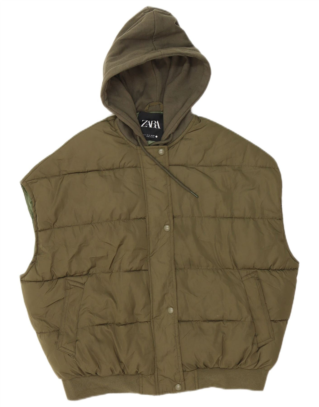 Gilet imbottito oversize con cappuccio da donna Zara UK 10 piccolo poliestere kaki