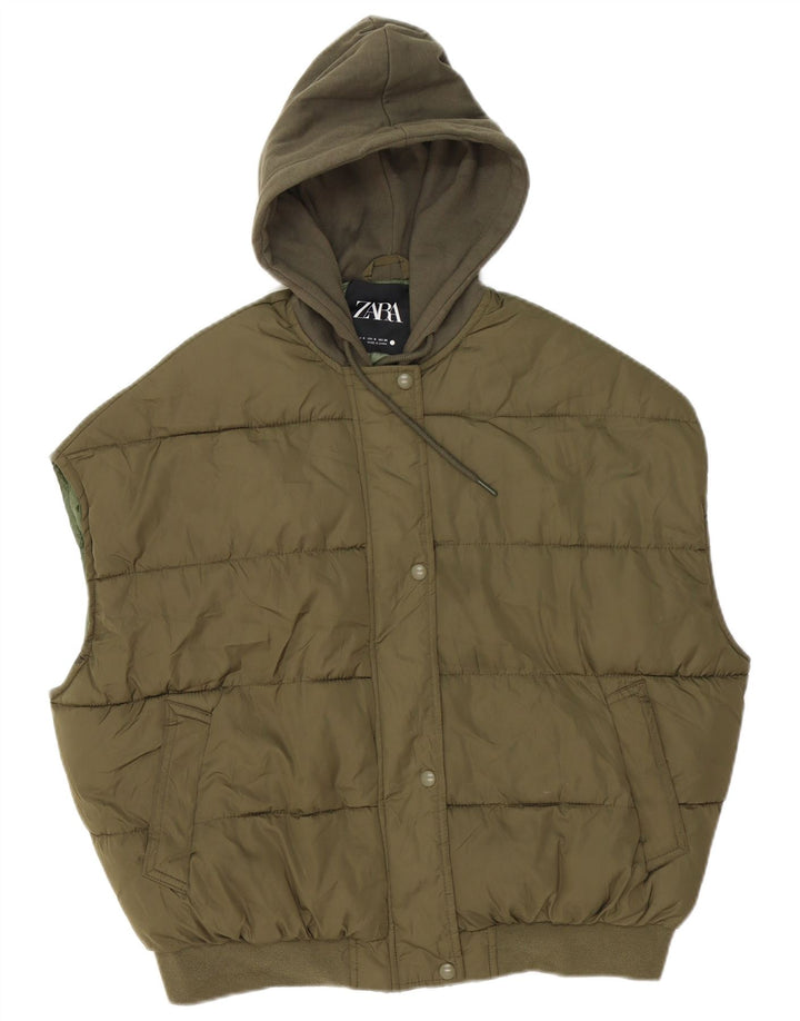 Gilet imbottito oversize con cappuccio da donna Zara UK 10 piccolo poliestere kaki
