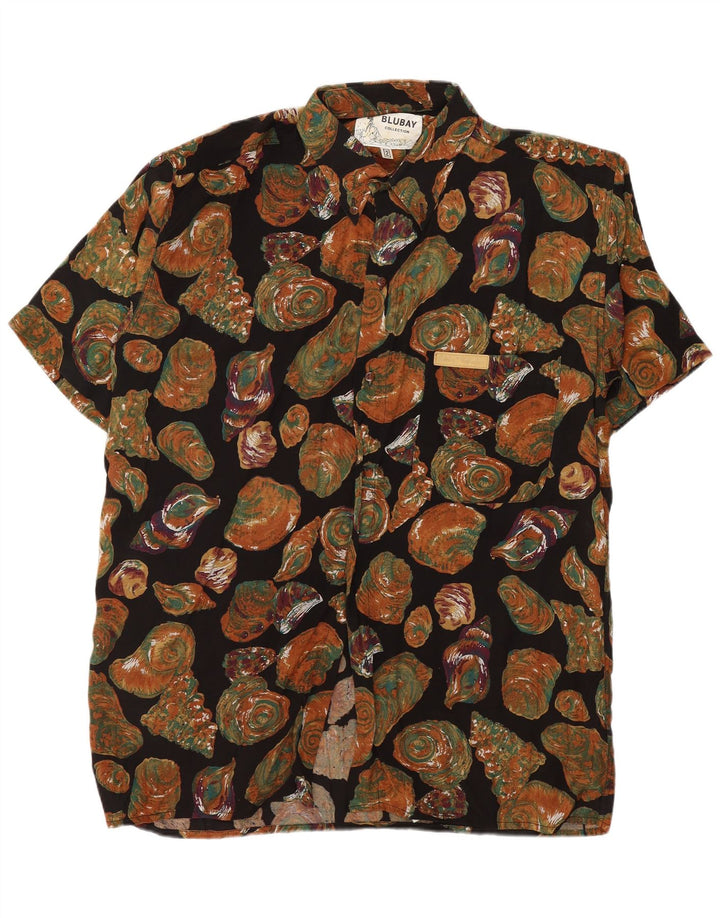 Camicia a maniche corte da uomo vintage con motivo astratto in viscosa nera media