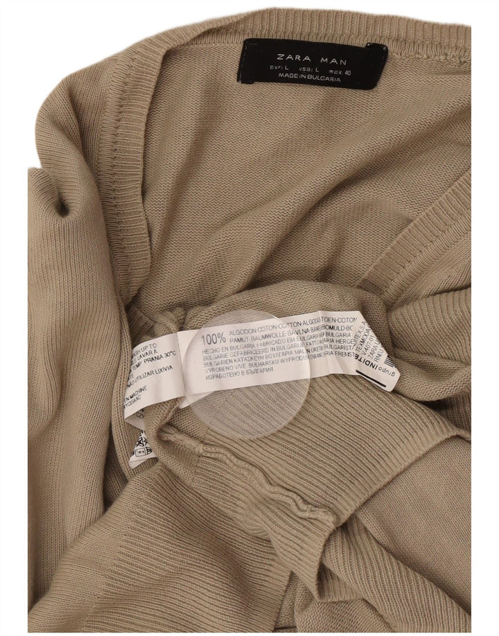 Maglione Zara da uomo con scollo a V, grande, in cotone marrone