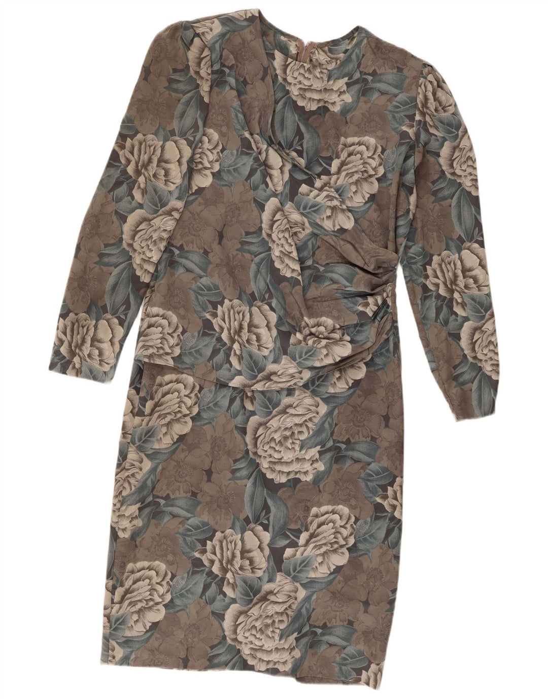 Abito tubino a maniche lunghe da donna vintage UK 12 Poliestere floreale grigio medio