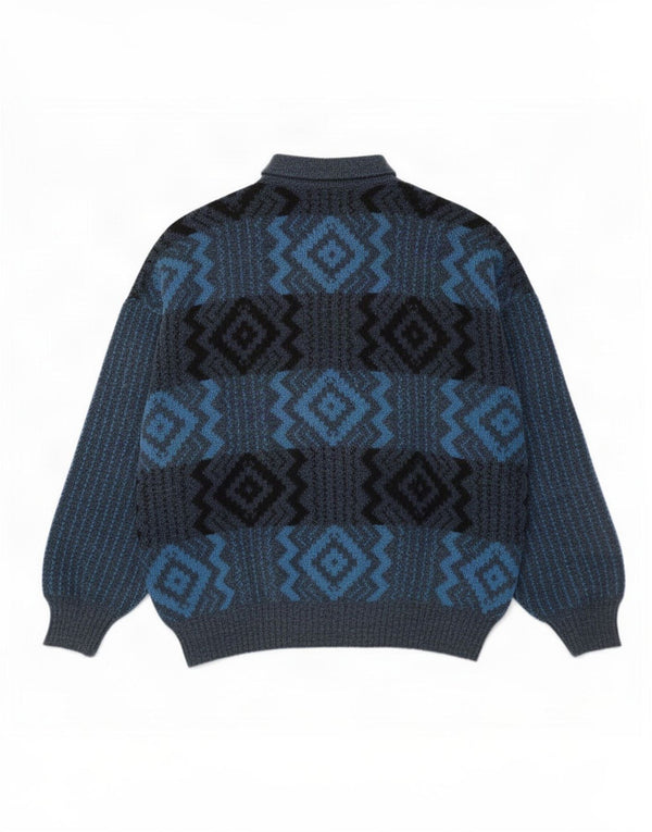 Maglione vintage da uomo con collo a polo, grande, in lana geometrica blu navy