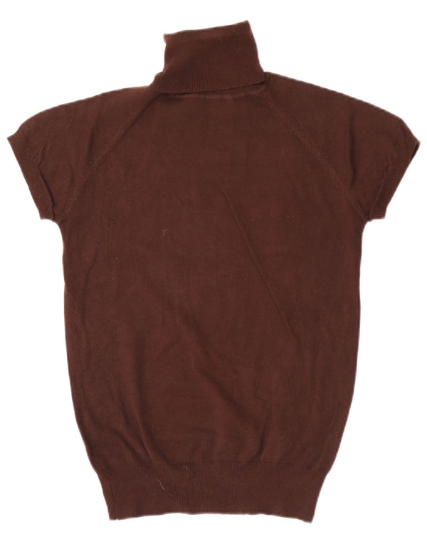 Zara Womens Short Sleeve Roll Neck Jumper Sweater UK 14 Large Brown Cotton