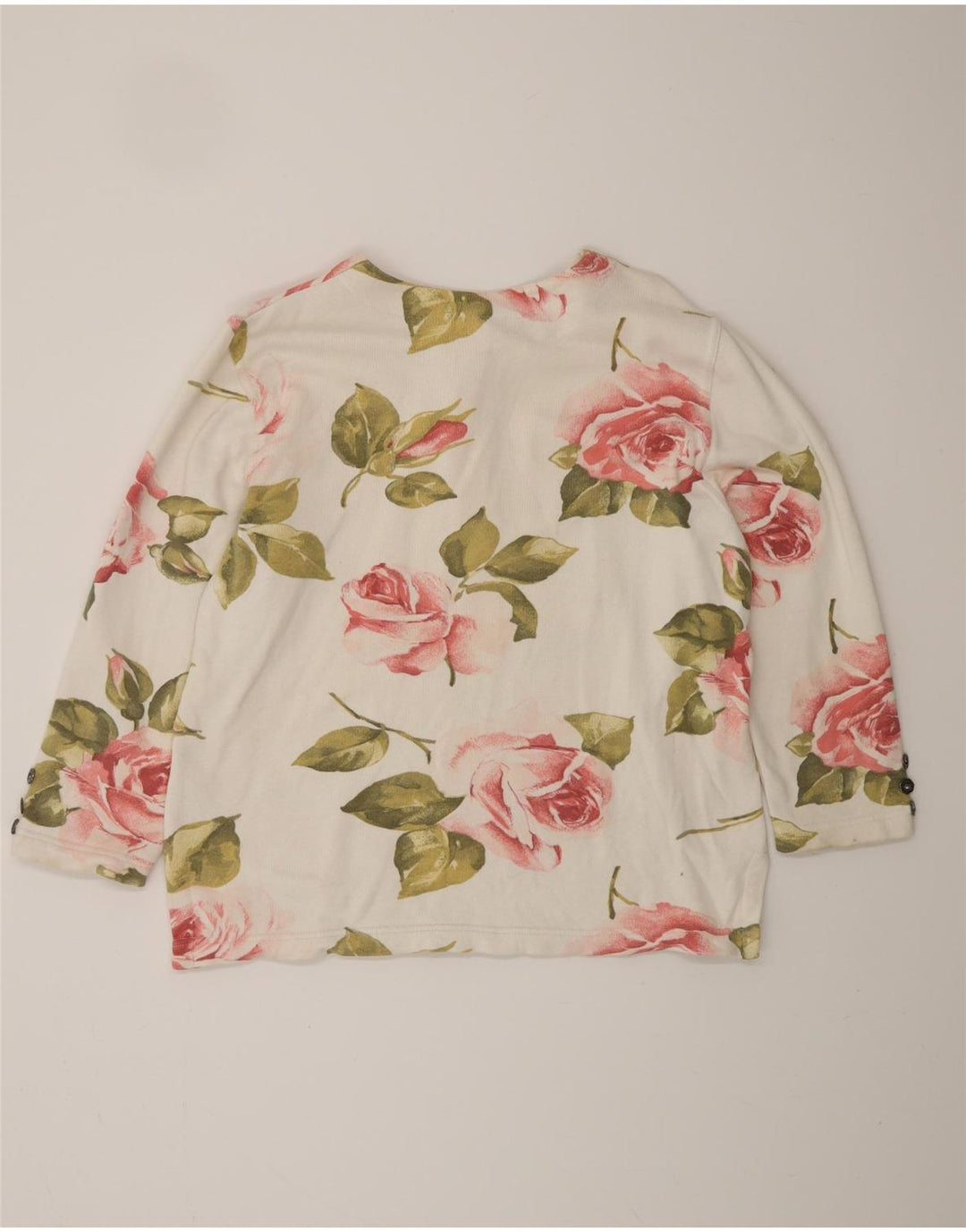 Top da donna VINTAGE a maniche lunghe UK 16 grande cotone floreale bianco sporco