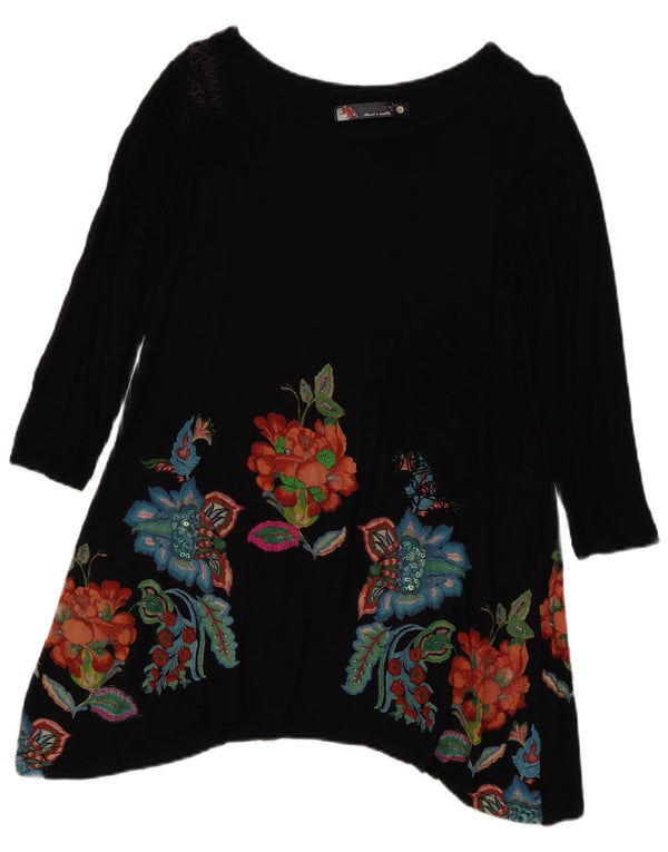 Desigual Tunica a maniche lunghe da donna UK 12 Medium Black Floral Bohemian