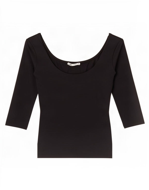 Zara Womens Crop Off Shoulder Top 3/4 Sleeve UK 8 Small Black Polyamide