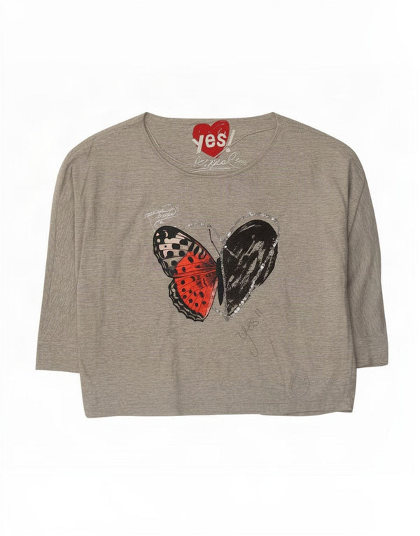 Desigual Top grafico oversize da donna manica 3/4 UK 14 Cotone grigio medio