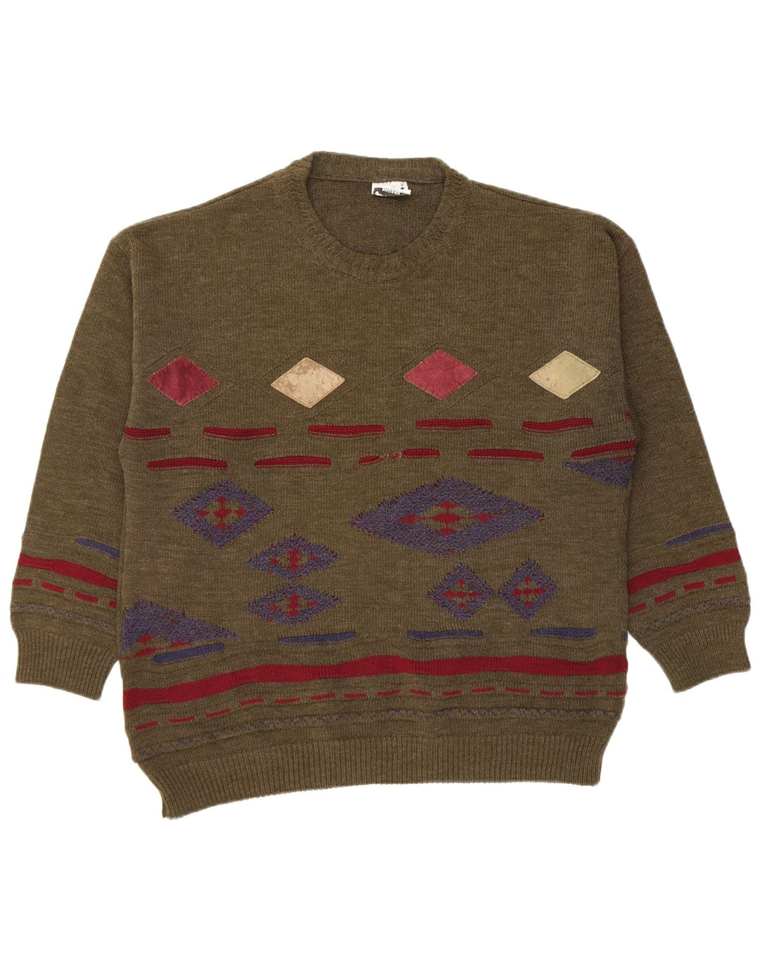 Maglione maglione girocollo da uomo vintage medio kaki a rombi/diamante