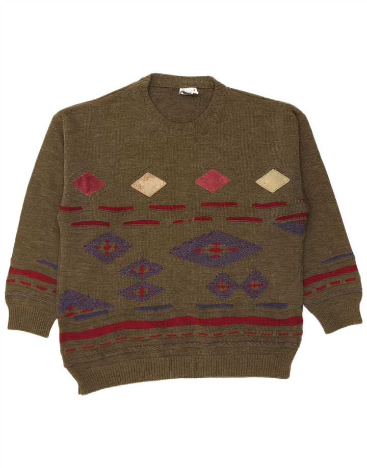 Maglione maglione girocollo da uomo vintage medio kaki a rombi/diamante