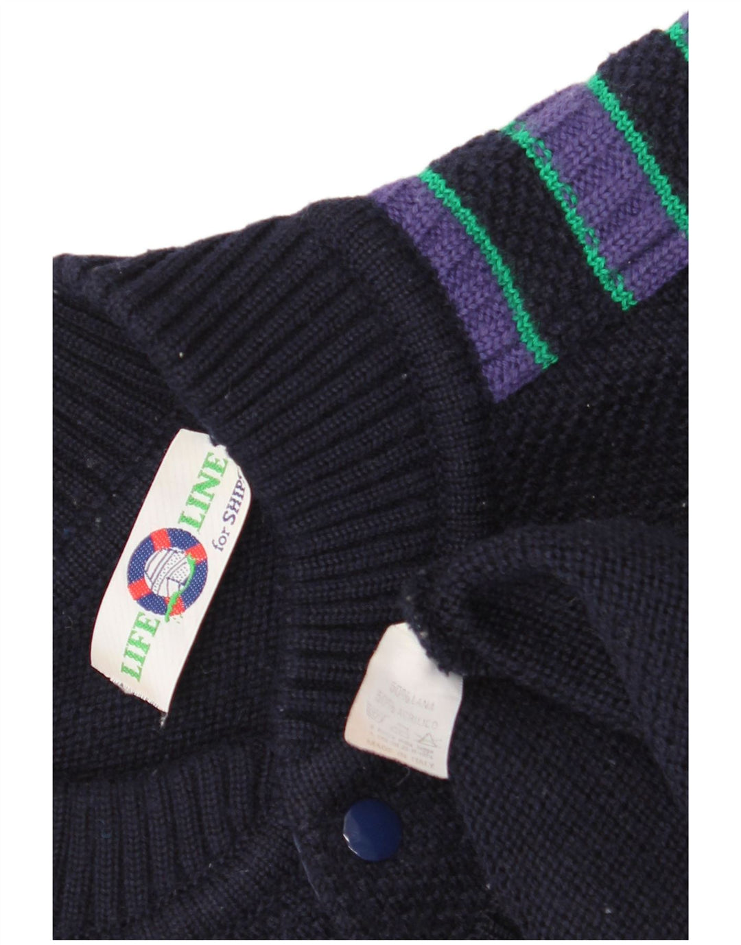 Life Line Mens Cardigan Sweater XL Navy Blue Striped Wool
