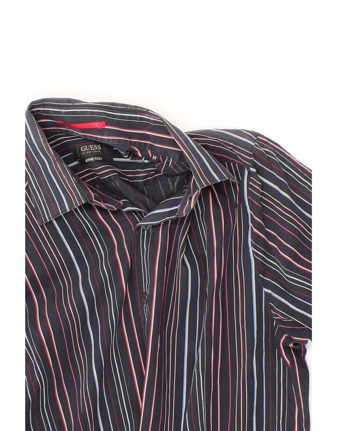 GUESS Mens Stretch Shirt Medium Navy Blue Striped Cotton Vintage Guess and Second-Hand Guess from Messina Hembry 