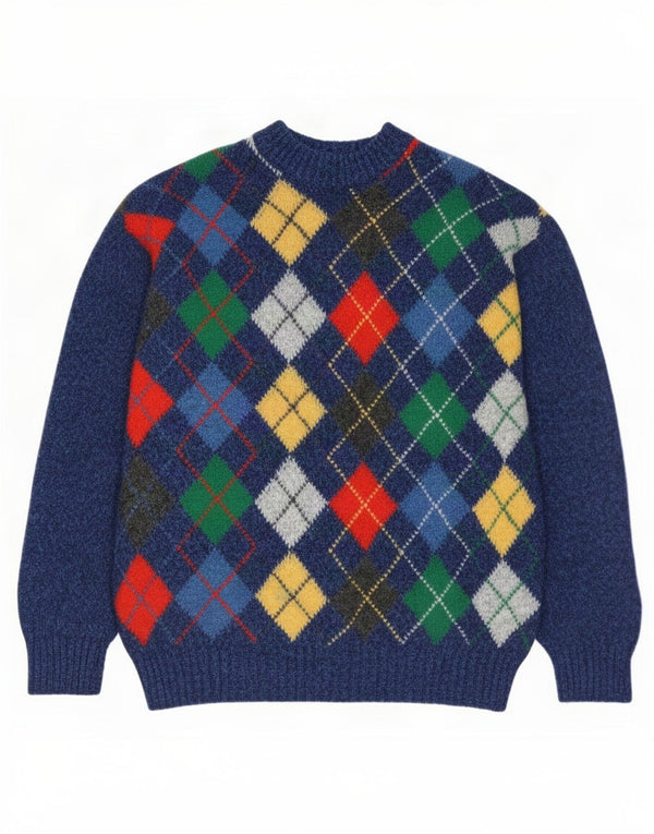 Maglione vintage da uomo girocollo IT 50 lana a rombi/diamante blu medio