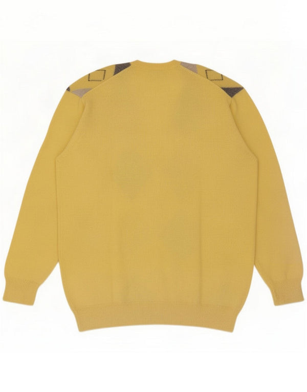 Braemar Mens V-Neck Jumper Sweater Large Yellow Argyle/Diamond