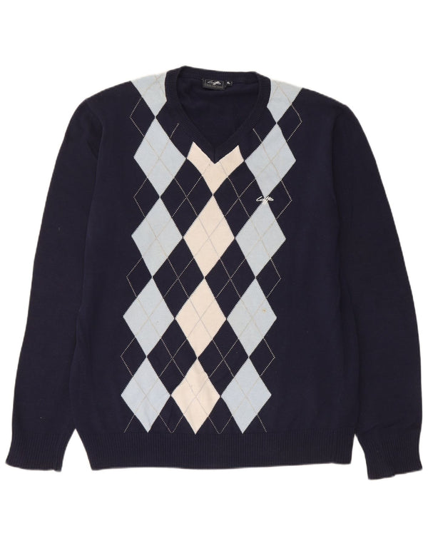 Maglione da uomo con scollo a V Lotto XL blu navy a rombi/cotone diamante