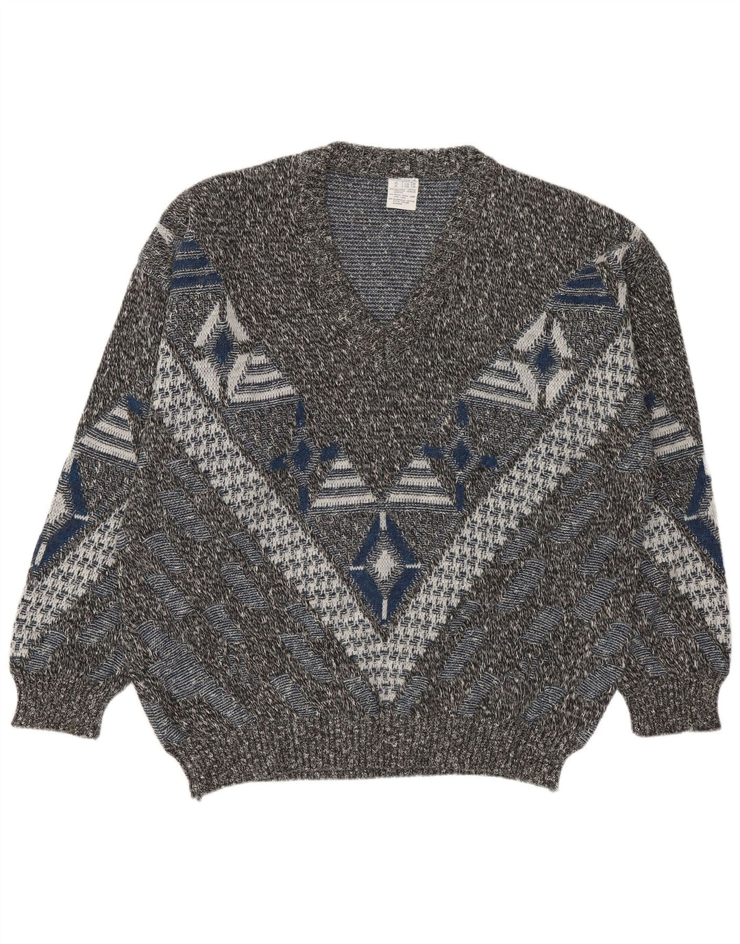 Maglione maglione con scollo a V da uomo VINTAGE UK 46/48 2XL geometrico multicolore