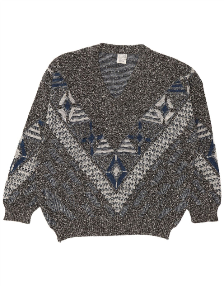 Maglione maglione con scollo a V da uomo VINTAGE UK 46/48 2XL geometrico multicolore