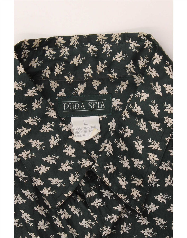 Camicia vintage da uomo a maniche corte in seta floreale verde grande