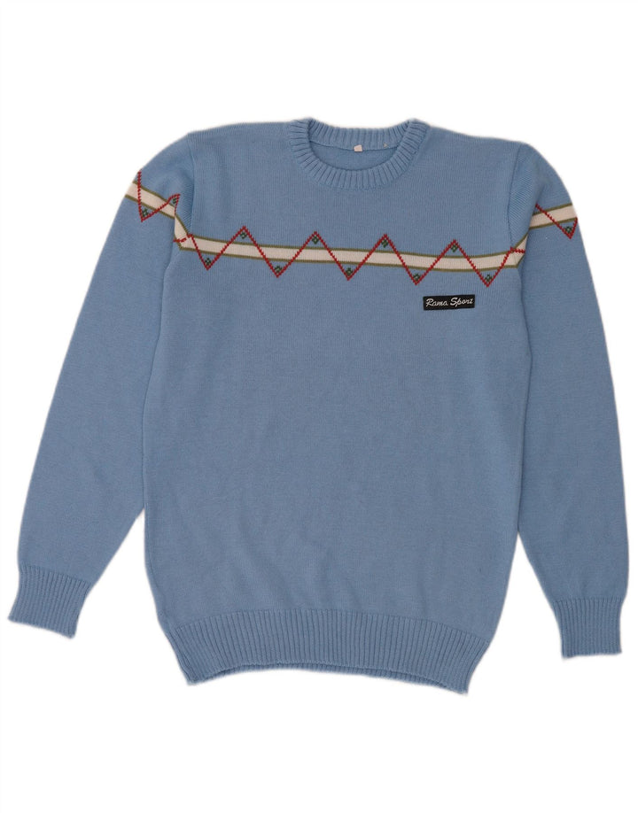 Maglione girocollo da uomo vintage in lana geometrica blu piccola